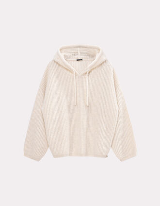 TWILL - Pull écru à capuche tricot côtelé