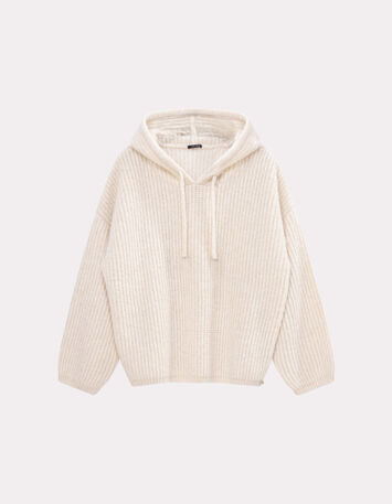 TWILL - Pull écru à capuche tricot côtelé-6