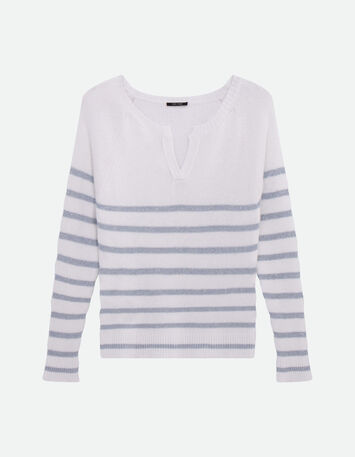 TERESA - Pull blanc tricot motif rayures lurex ciel -6