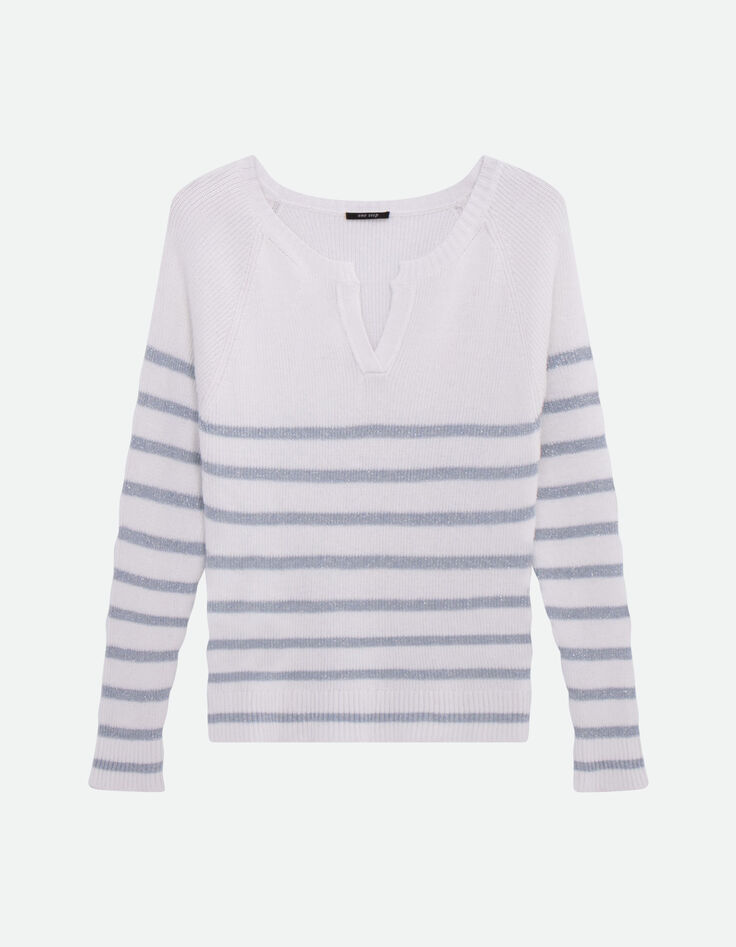 TERESA - Pull blanc tricot motif rayures lurex ciel -6