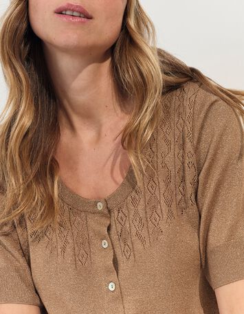 TERENOS - Cardigan manches courtes marron tricot lurex-4