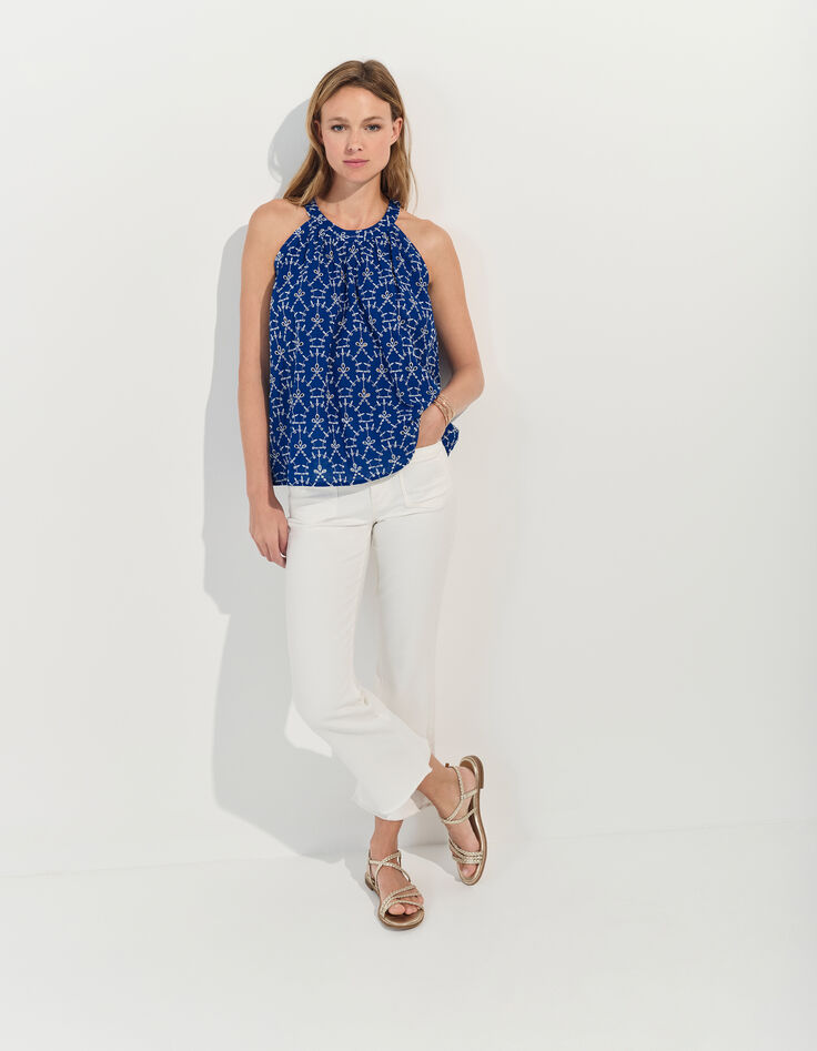 CORTES - Top bleu coton bio broderies all-over -8