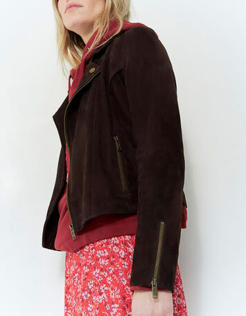 DEAN - Blouson marron en cuir velours esprit motard-2