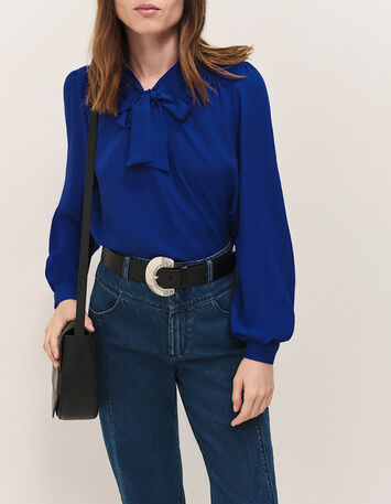 CYRILLE - Blouse saphir blue fluide &agrave; col lavalli&egrave;re-2