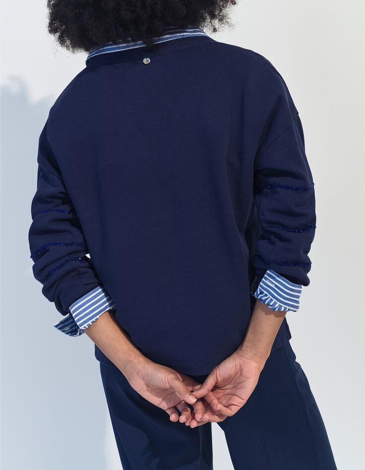 MOCOCA - Sweat bleu motif rayures perles brod&eacute;es -2