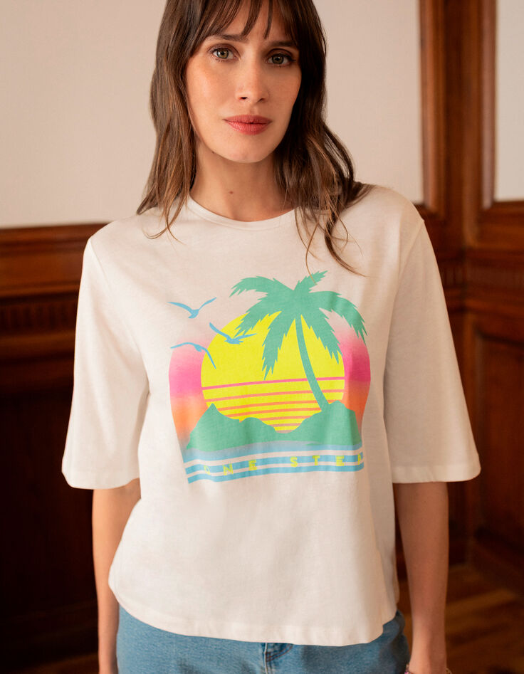 MAMBO - T-shirt blanc visuel palmier fluo -1