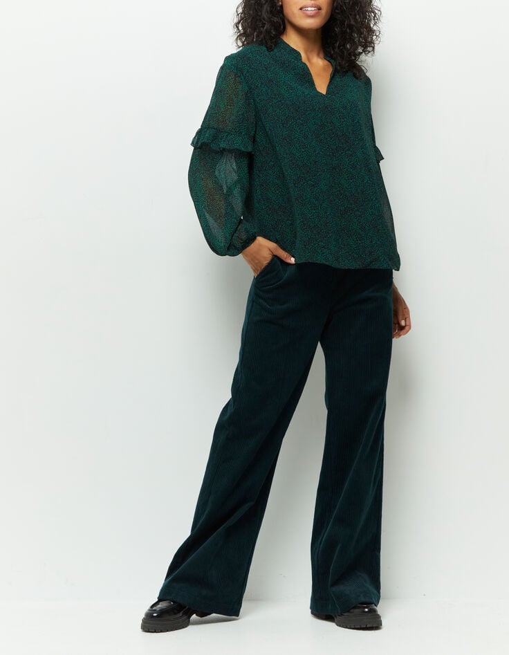 COMMANCHE - Blouse noire à imprimé pointilliste vert-2 COMMANCHE - Blouse noire à imprimé pointilliste vert-2