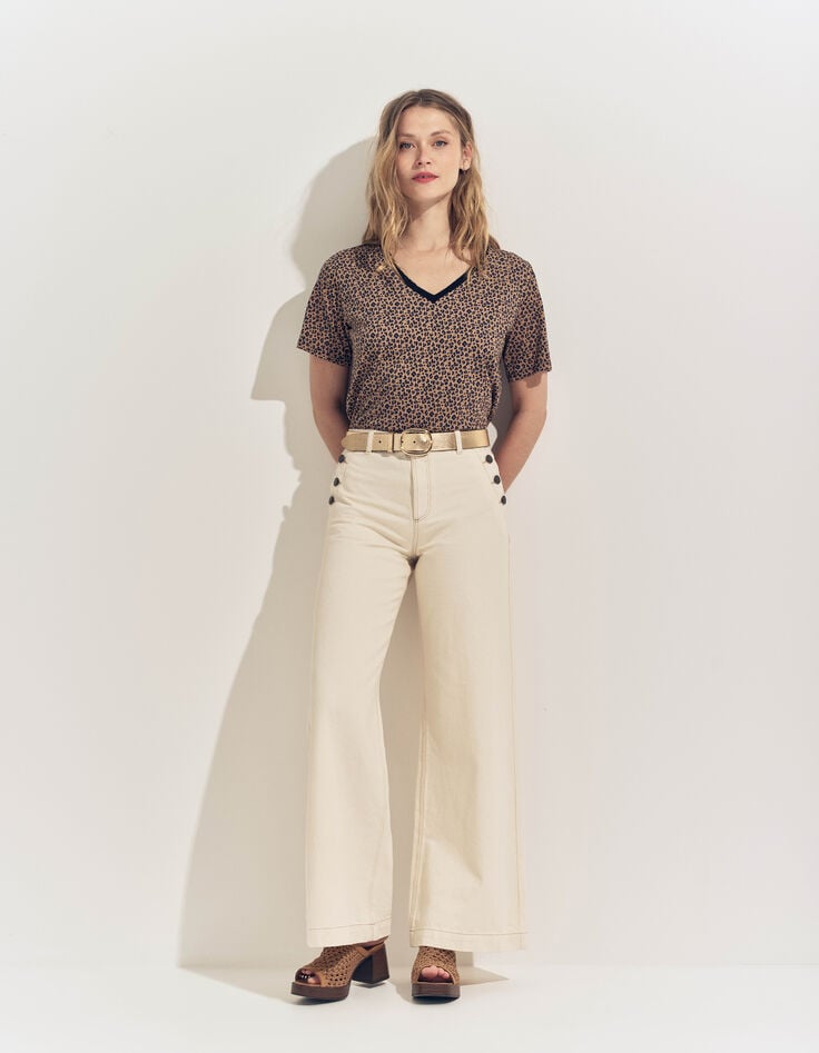MAYA- T-shirt beige motif micro léopard-1 MAYA- T-shirt beige motif micro léopard-1