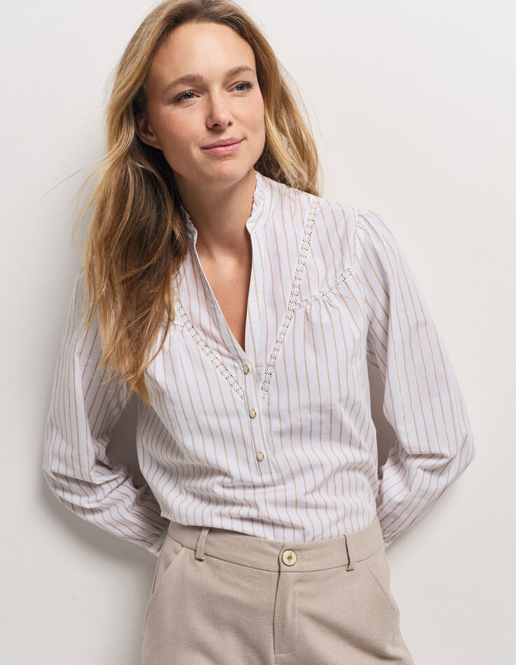 CAYCE - Blouse blanche motif rayures beige -2 CAYCE - Blouse blanche motif rayures beige -2