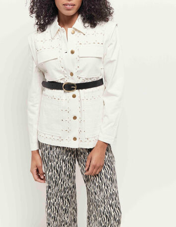 VIKKY - Veste saharienne ivoire brodée à manches amovibles-2