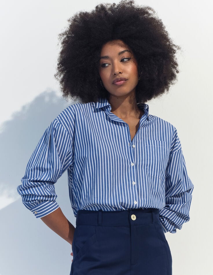CELESTE - Chemise bleu ciel popeline rayée-1