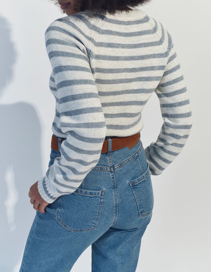 TERESA - Pull blanc tricot motif rayures lurex ciel -3