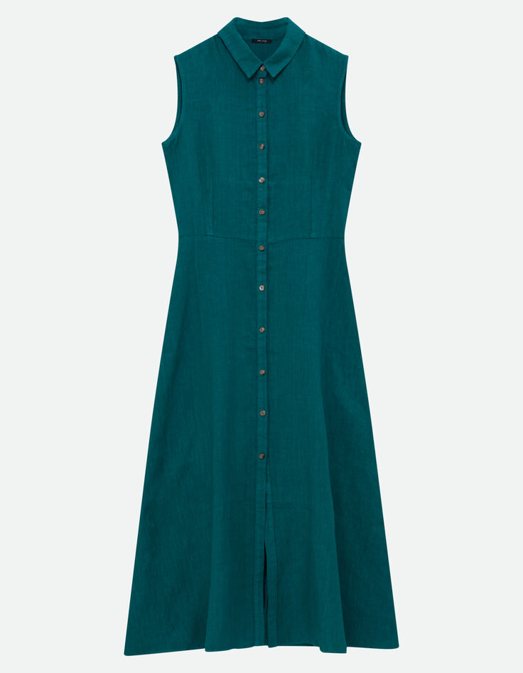 RECIFE - Robe chemise longue verte lin certifié surteint -5