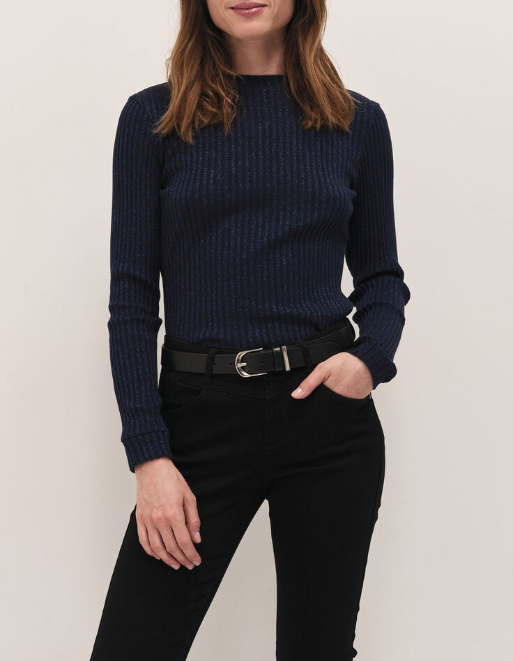 MALENE - T-shirt marine maille lurex c&ocirc;tel&eacute;e-1