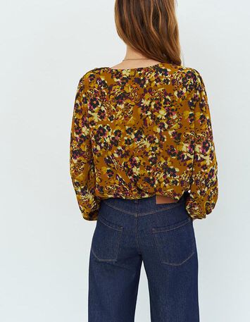 CAMBOURG - Blouse miel à imprimé estampes fleuries-3