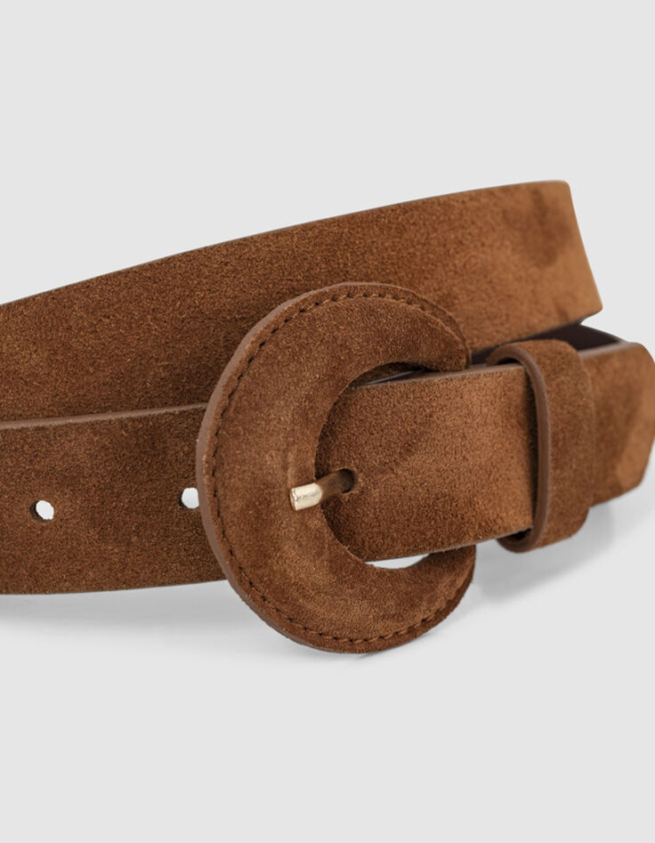 ANDREW - Ceinture fine caramel en cuir velours-2