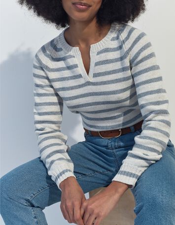 TERESA - Pull blanc tricot motif rayures lurex ciel -1