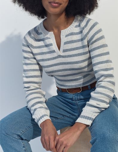 TERESA - Pull blanc tricot motif rayures lurex ciel  - One Step
