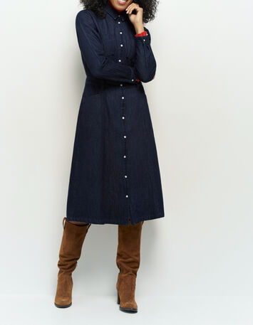 REBUS - Robe chemise midi en jean brut pressionn&eacute;e-1