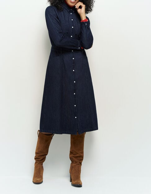 REBUS - Robe chemise midi en jean brut pressionn&eacute;e - One Step