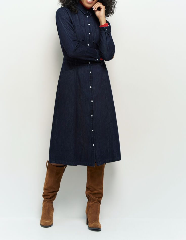 REBUS - Robe chemise midi en jean brut pressionn&eacute;e-1