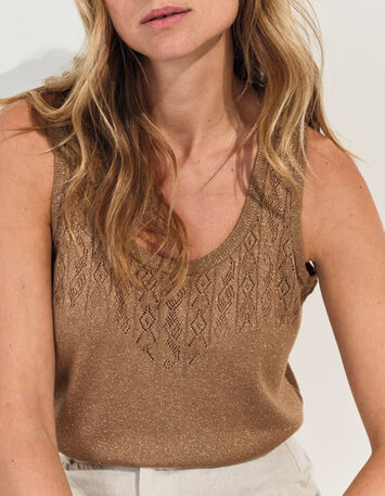TAHIR - Pull sans manches marron tricot lurex fantaisie -2