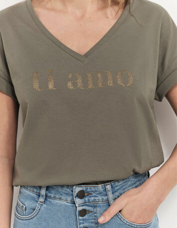 MUM - T-shirt kaki coton bio message dor&eacute; paillet&eacute;-4