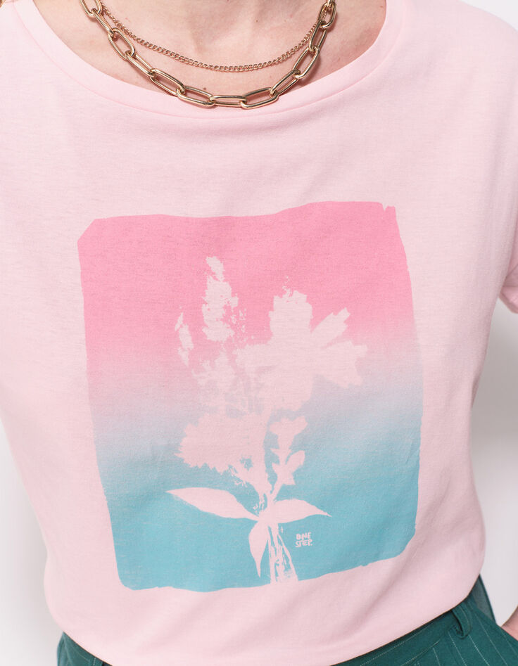 MAURO - T-shirt rose coton bio visuel arty floral-4