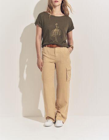 MEIRY- T-shirt kaki maille coton lin danseuse dor&eacute;e-5