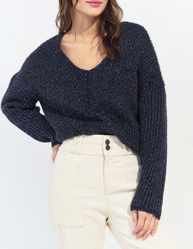 TIMEO - Pull marine tricot lurex encolure V devant/dos-1