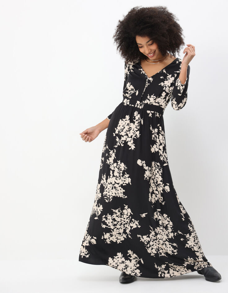 ROCCIA - Robe longue noire imprimé feuillage d'hiver-1