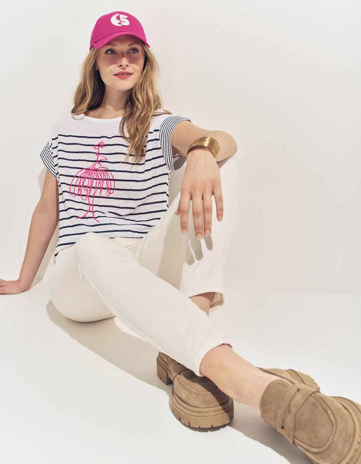 MOLLY- T-shirt blanc rayures marine et danseuse-2