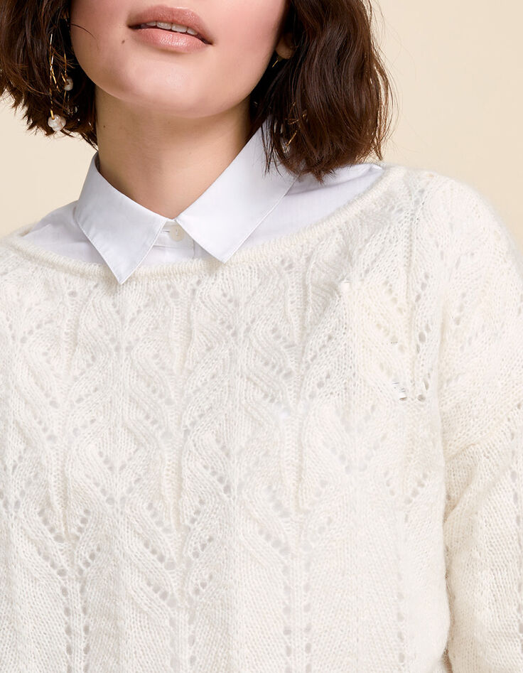 TRENT - Pull écru en tricot ajouré fantaisie-4