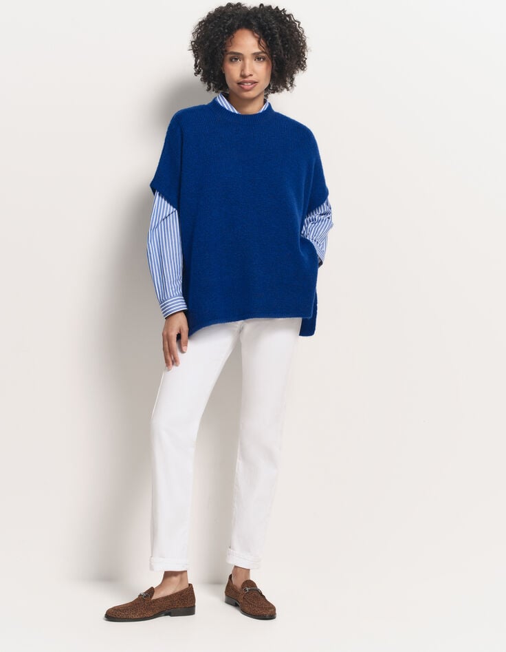 ADA - Poncho bleu tricot boutons côtés-6