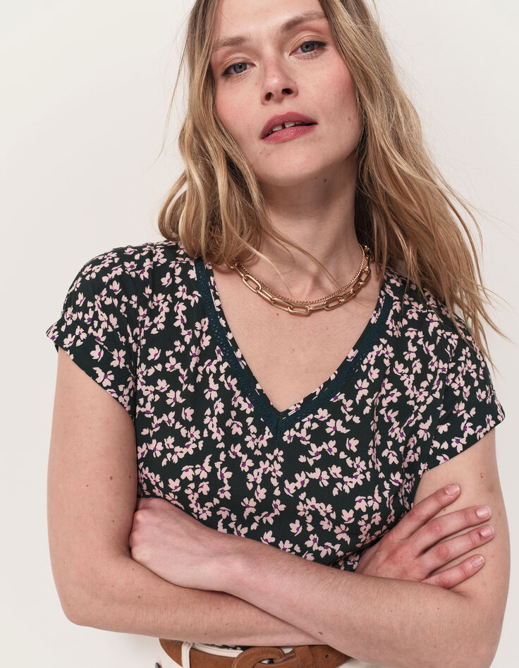 CESARIA - Top vert imprimé minimaliste floral-5