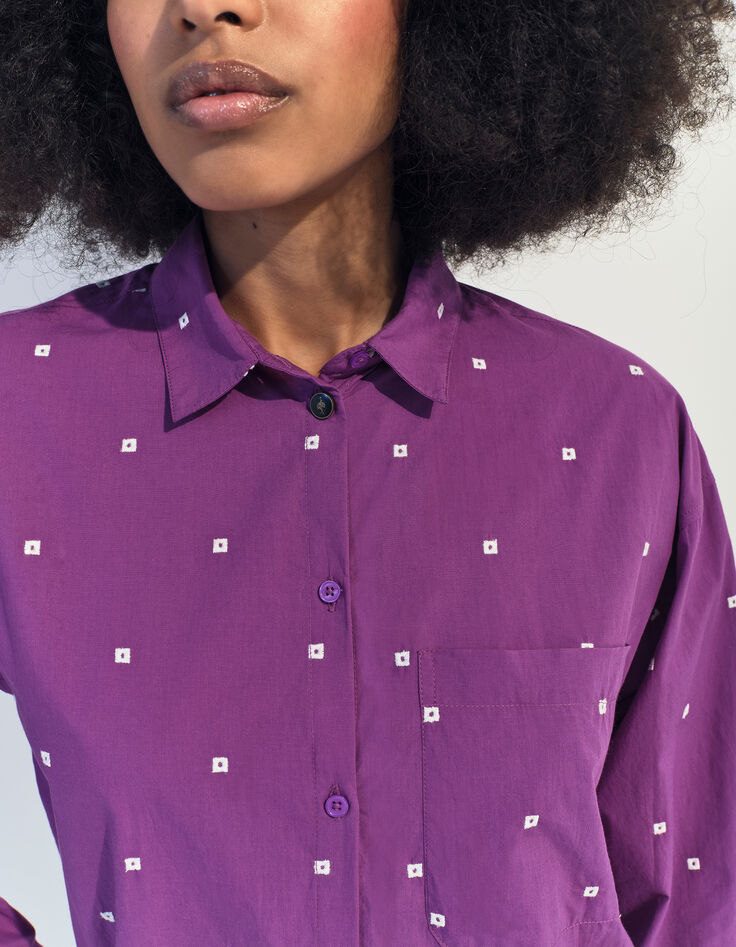 CELESTE - Chemise violet broderies petits carrés écrus -3