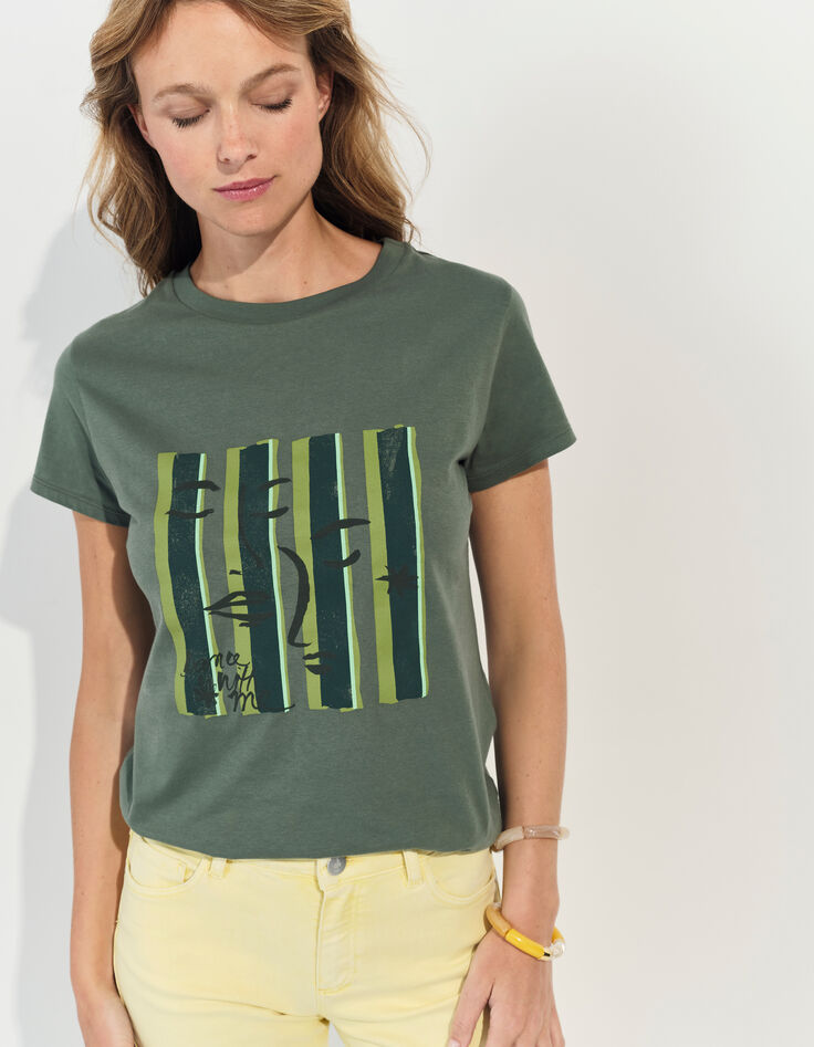 MIKA - T-shirt kaki visuel visages sur fond rayé -1
