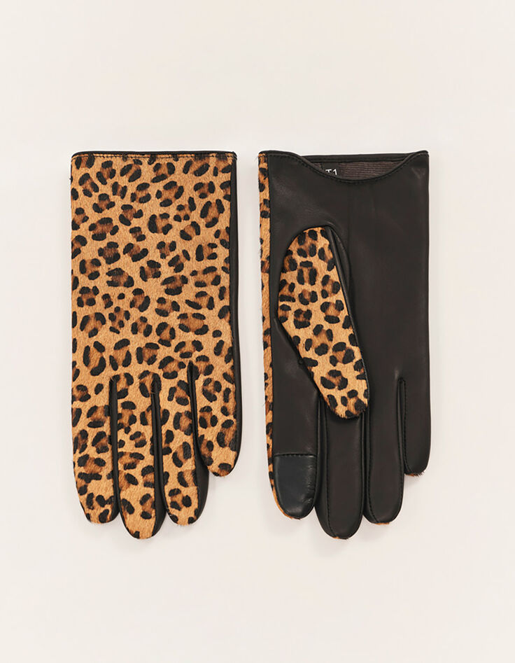 ASTRIO - Gants toffee cuir effet poulain à motif léopard-2