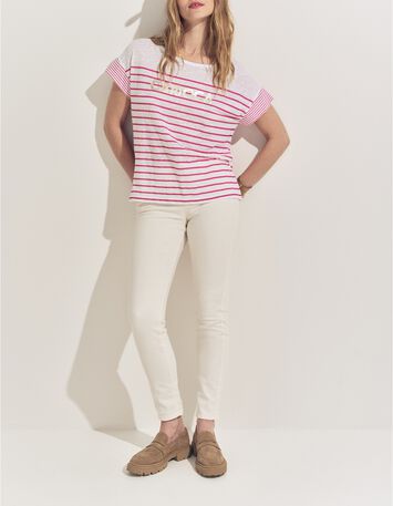 MOLLY- T-shirt blanc rayures rose et message-5
