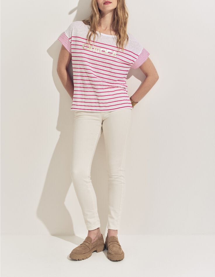 MOLLY- T-shirt blanc rayures rose et message-5
