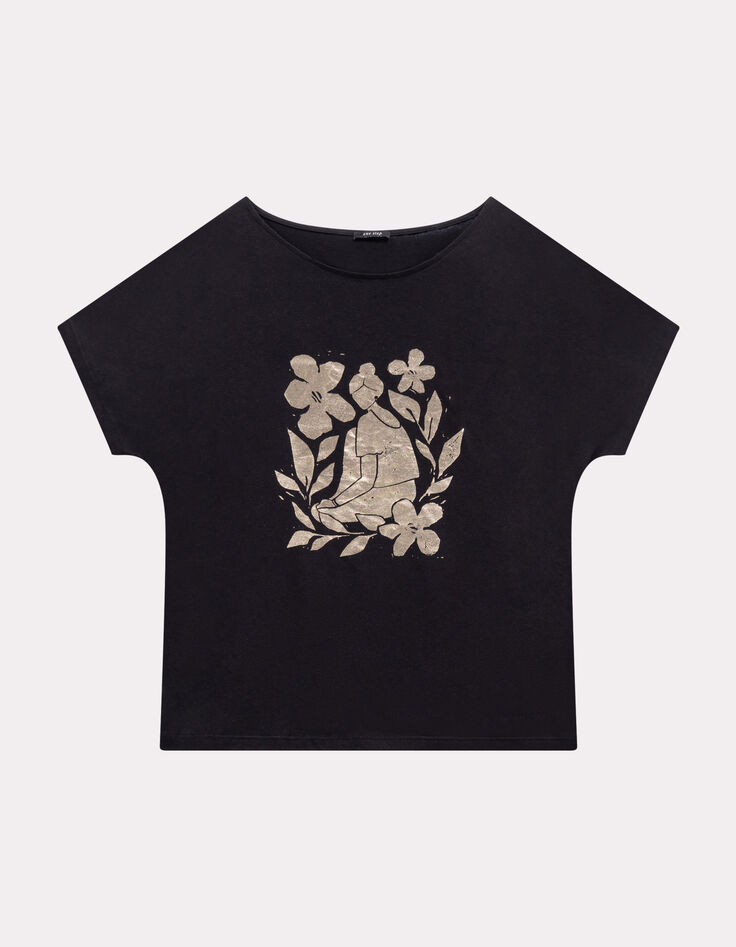 MAGICA - T-shirt noir coton bio danseuse dorée revisitée-1