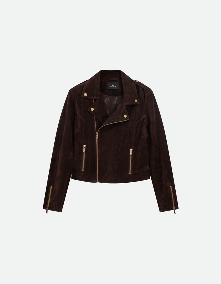 DEAN - Blouson marron en cuir velours esprit motard-5
