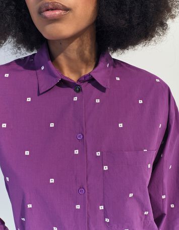 CELESTE - Chemise violet broderies petits carr&eacute;s &eacute;crus -3