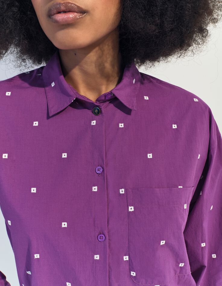 CELESTE - Chemise violet broderies petits carr&eacute;s &eacute;crus -3